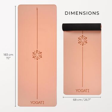 Протиковзкий килимок для йоги та фітнесу YOGATI з натурального каучуку, великий килимок для пілатесу та тренувань з розміткою та сумкою, коричневий