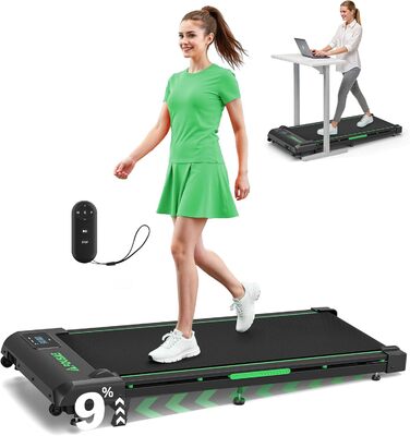 Walking Pad - біговий доріжки для дому з регулюванням нахилу до 9%, потужність 2.5HP, LED-дисплей, пульт дистанційного керування, 12 програм, подвійне амортизація, до 150 кг, чорно-зелений