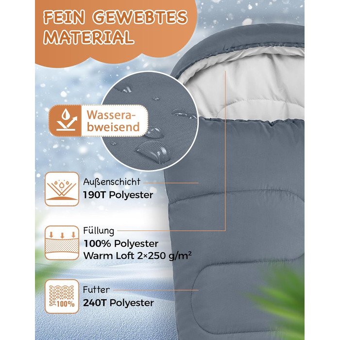 Сплячий мішок KingCamp для дітей та дорослих, 3-4 сезони, двошаровий, теплий, сірий, для кемпінгу та походів, 165x70x45 см