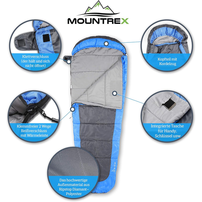 Сплячий мішок MOUNTREX® – ультралегкий та компактний (850г) – для відпочинку на природі, літній спальний мішок, мумієвидний (205x75см) – мале пакування та легкість – для підлітків та дорослих + подарунок: туристична подушка, зелений (блакитний/сірий)
