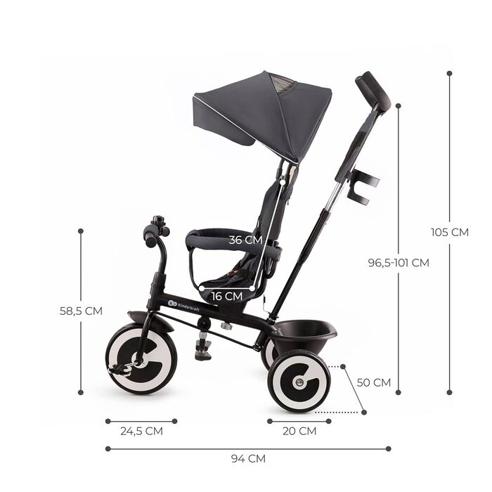 Дитячий триколісний велосипед Kinderkraft ASTON з ручкою для батьків, поворотним сидінням, сонцезахисним козирком, підсклянником і кошиком, для дітей від 9 місяців до 25 кг, сірий