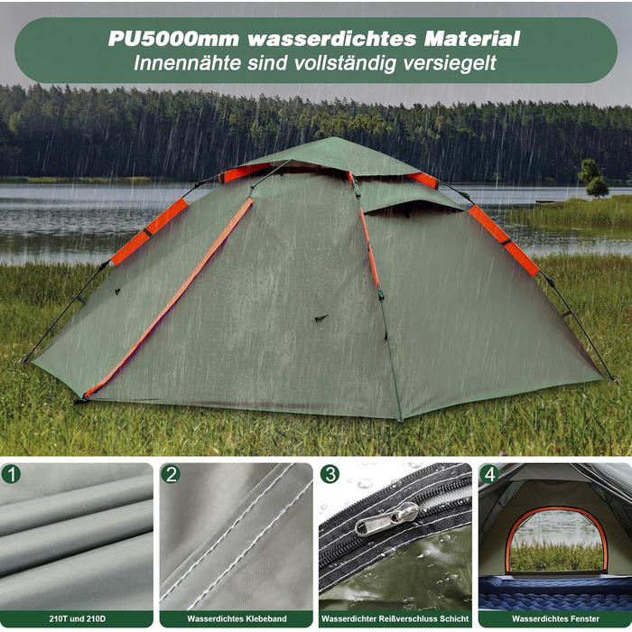 Намет для кемпінгу з тамбуром, намет для 2-4 особи, водонепроникний PU5000, для відпочинку, подорожей, трекінгу, саду, куполоподібний, ультралегкий, рюкзак, 2025, армійний зелений (Pop Up)
