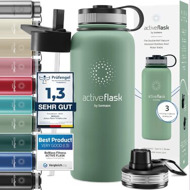 Термос-пляшка з нержавіючої сталі ACTIVE FLASK 950 мл із соломинкою, 3 кришки, без BPA, герметична, для газованих напоїв, для води, спорту, велосипеда, чаю, для дітей, ізоляція, Sage