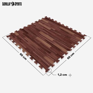 Набір захисних пазл-матів для підлоги GORILLA SPORTS® з EVA-піни, 60x60x1,2 см, 16 шт (5,76 м²), протиковзкі килимки для фітнесу та тренувань, колір: темний дерево