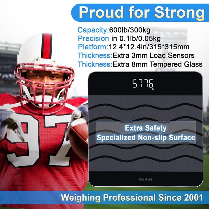 Цифрова вага для людей Homebuds 300kg з визначенням BMI та синхронізацією зі смартфоном по Bluetooth, 8 мм загартоване скло, широка платформа, чорна