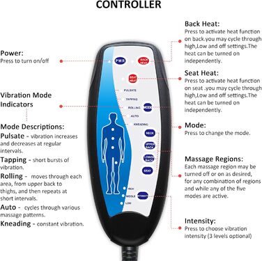 Масажне сидіння Comfier з підігрівом та вібрацією для спини та шиї, подушка для розслаблення, масажер для дому та офісу, подарунок для жінок (Блакитний)