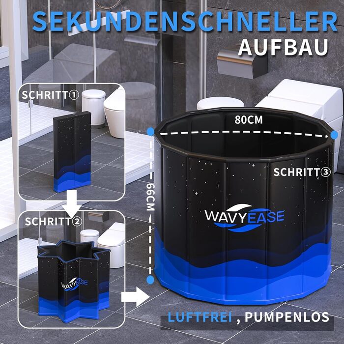 Портативна складана ванна для дорослих (80x66 см) - для відпочинку, душу, SPA, крижаного душу для спортсменів (чорний)