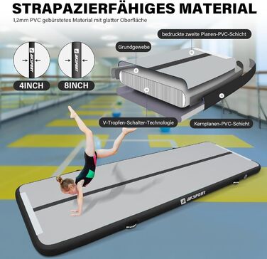 AKSPORT Килимок для гімнастики та акробатики Air Matte, 3/4/5/6м, 10/20см, з насосом, для дому/залу/тренувань, м'ятно-зелений (300x100x10см, Чорний)