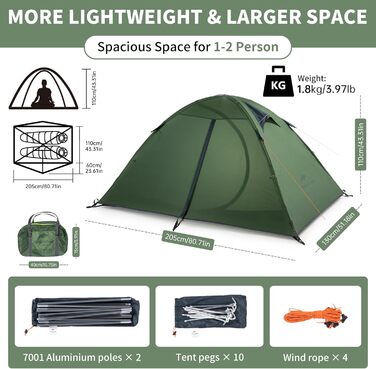 Намет Naturehike Ultraleicht 1-2 особи, водонепроникний, для кемпінгу, трекінгу, лісу - 2 особи, зелений