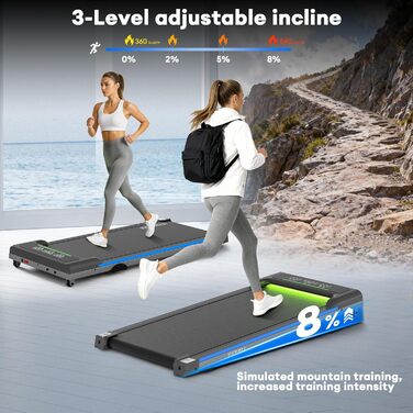 ONETWOFIT Ходунковий тренажер для дому з ручками, столик для бігу, тиха модель з нахилом та пультом керування, керування через додаток, 2.5HP, складаний біговий тренажер 12km/h з RGB-підсвічуванням