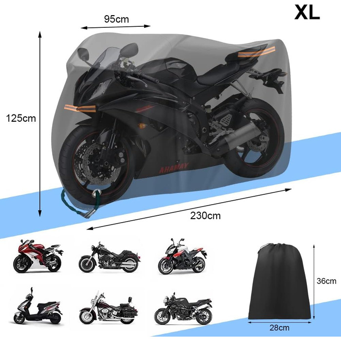 Захисний чохол для мотоцикла URAQT, XL, 230x95x125 см, водонепроникний, анти-UV, стійкий до розривів, з отвором для страховки від крадіжки
