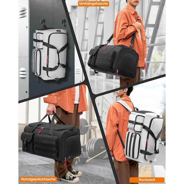 Спортивна сумка RAINSMORE 3 в 1 для чоловіків 45L: рюкзак, сумка-переноска, з відділенням для взуття, ноутбука та мокрого одягу (сіра)