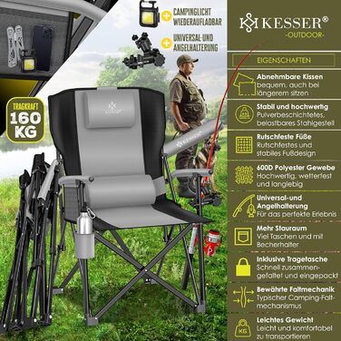 Крісло для кемпінгу KESSER® з високою спинкою, 160 кг, з підлокітниками, кишенею для напоїв та світлом, сіре/чорне