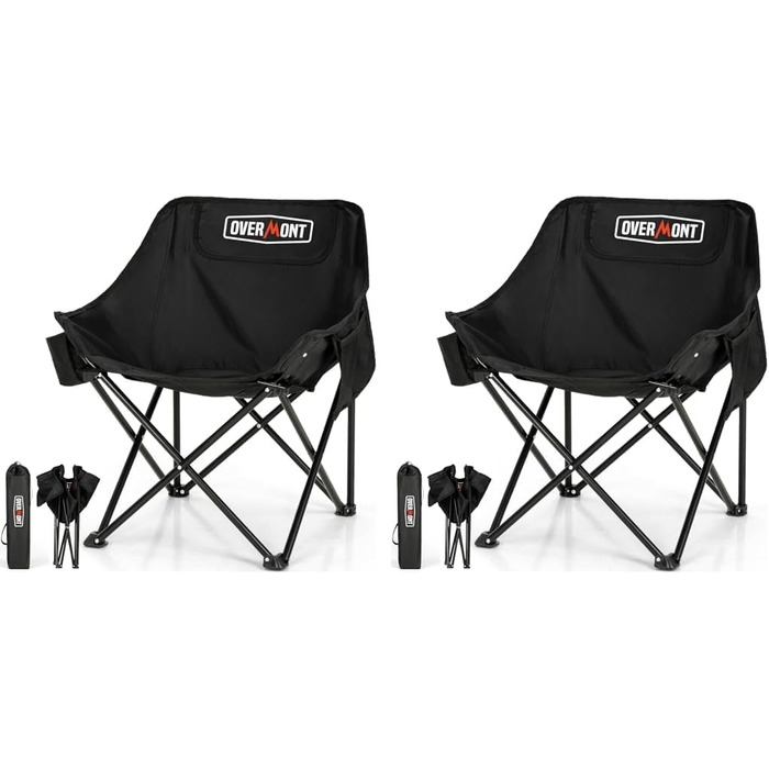 Складний туристичний стілець OVERMONT - 135 кг, для кемпінгу, саду, балкону, пляжу, риболовлі, чорний (2 шт.)