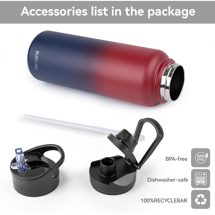 Термос пляшка MURBONE з нержавіючої сталі 1,2 л, 2 кришки, з трубочкою, BPA Free, герметична, підходить для газованої води, вакуумна ізоляція, для спорту, подорожей, кемпінгу