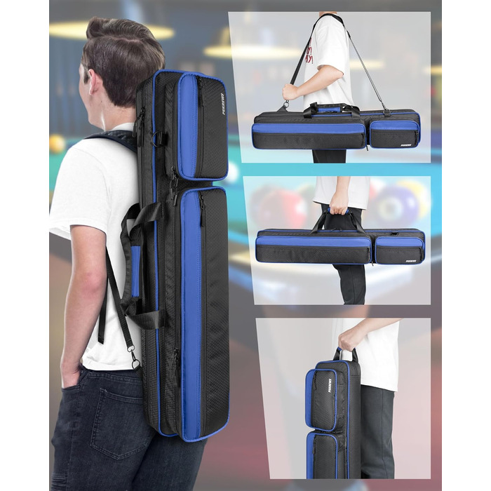 Сумка для більярду, 10 x 13 см, з кишенями на 4 кийки, 5 аксесуарів, з підкладкою, м'яка та міцна, з регульованими плечовими ременями для чоловіків та жінок, синього/чорного кольору