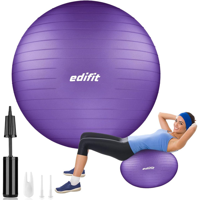 EDIFIT Фітбол для гімнастики та йоги 75 см, фіолетовий, з насосом, пілатес, сидячий м’яч, гімнастичний м'яч, Pezziball