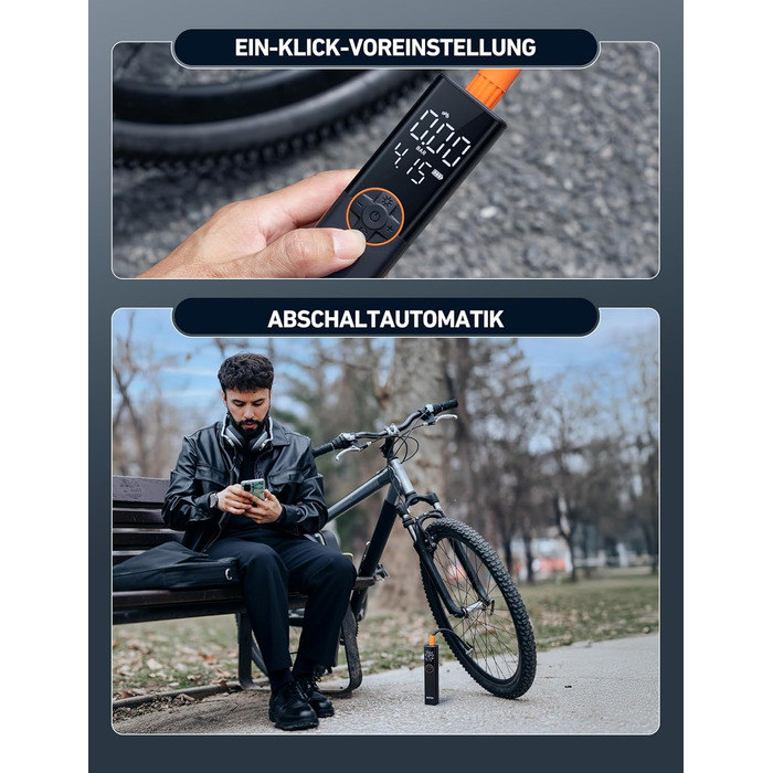 AstroAI Електрична велосипедна помпа, 150 PSI, портативна, акумуляторна, універсальна, для всіх типів велосипедів, з високопродукним мотором, перезаряджається, для міських, шосейних та гірських велосипедів, помаранчевого кольору