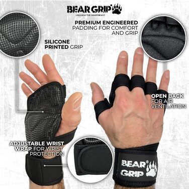 Рукавички для тренувань Bear Grip M (чорні) – захист долонь для кросфіту, бодібілдингу, пауерліфтингу