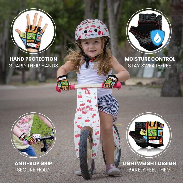 Дитячі велосипедні рукавички KIDDIMOTO без пальців для хлопчиків та дівчаток, розмір M (4-8 років), з принтом комікс