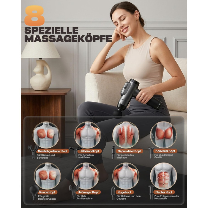 Масажний пістолет Massage Gun для м'язів: перкусійний масажер з 99 швидкостями, 8 насадками, до 9800 об/хв, амплітуда 14 мм, LED сенсорний екран, 35 дБ, чорний