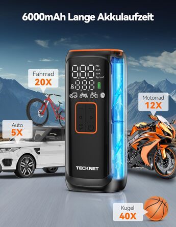 TECKNET електричний компресор 6000mAh, насос 150 PSI для авто, велосипедів, мотоциклів, м'ячів, з манометром, павербанком та ліхтариком