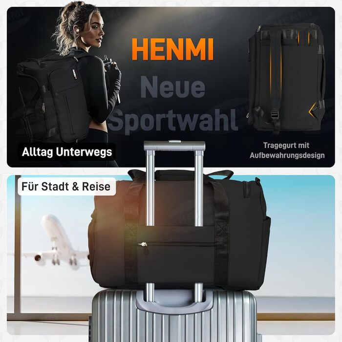 Спортивна сумка HENMI для залу та подорожей, 43 л, з відділенням для взуття та вологих речей, складана сумка для тренувань (Чорна)
