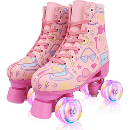 Роликові ковзани XUDREZ з підсвічуванням для дітей та дорослих, рожевий принт, Quad-Skates, регульовані, для дівчаток, дам та початківців, розмір 34