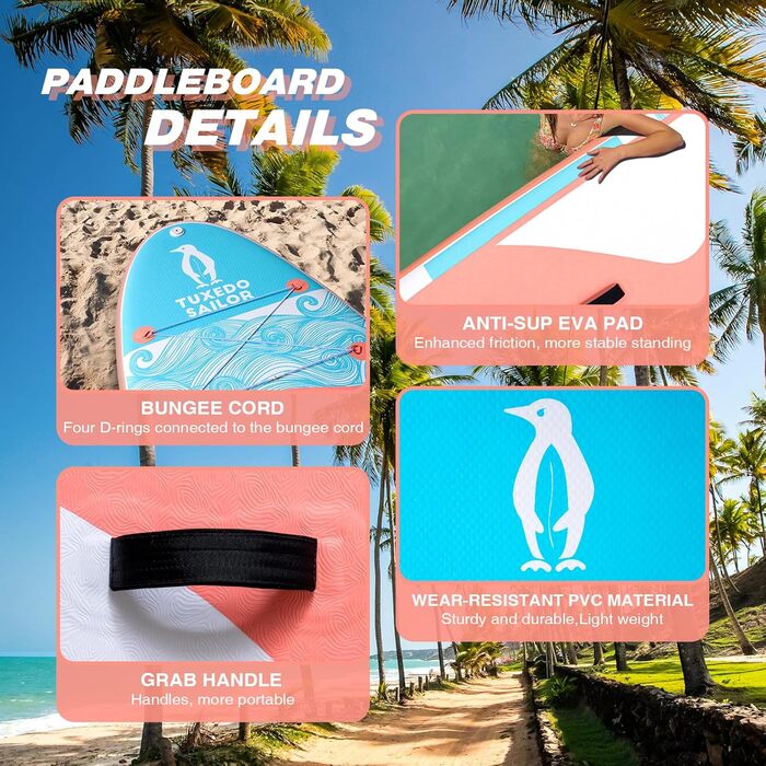 Надувне SUP-борд Tuxedo Sailor з аксесуарами, для дорослих та підлітків, блакитний та жовтий (блакитний та рожевий)