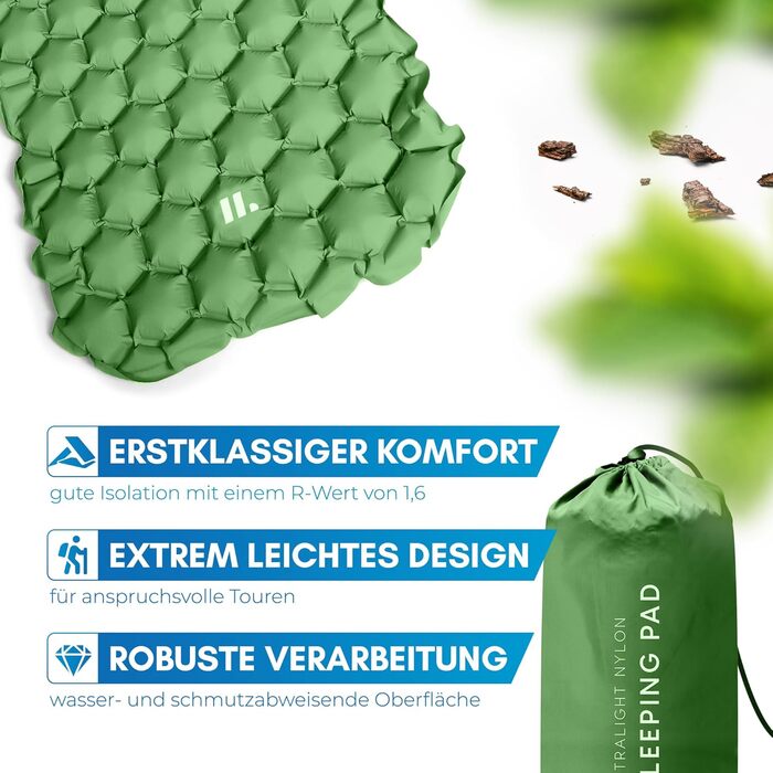 Каремат NORDMUT® Outdoor з ремкомплектом | Легкий туристичний килимок для кемпінгу та піших прогулянок - компактний, зелений