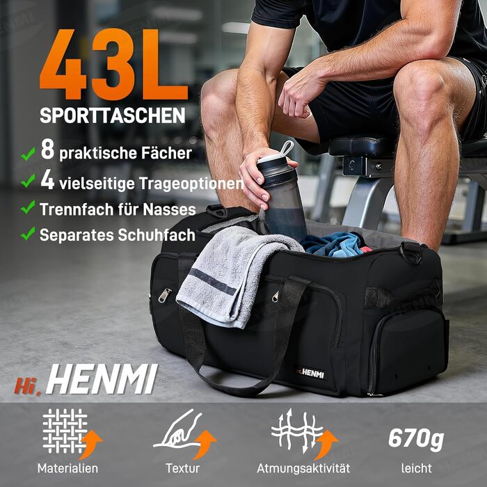 Спортивна сумка HENMI для залу та подорожей, 43 л, з відділенням для взуття та вологих речей, складана сумка для тренувань (Чорна)