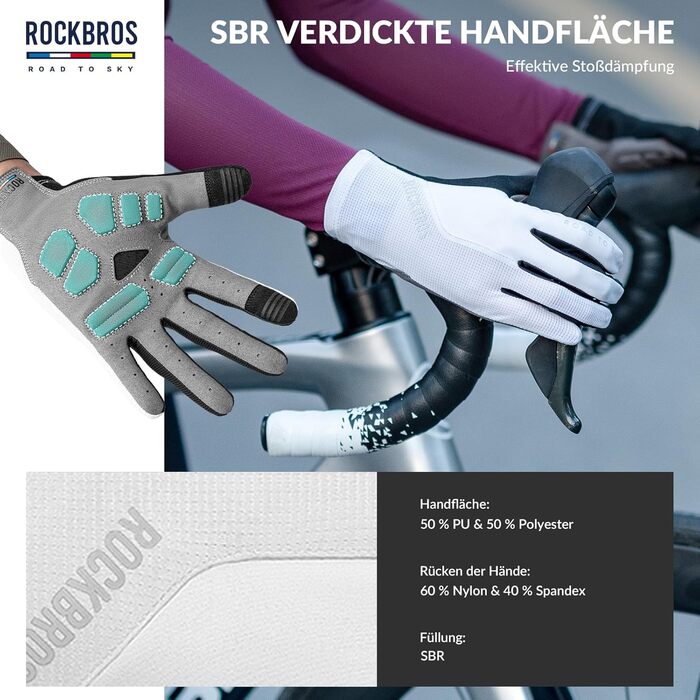 Велосипедні рукавички ROCKBROS Road to Sky: дихаючі рукавички з сенсорним екраном для MTB, шосе та гірського велосипеда, чоловічі та жіночі, зелені (L, білий)