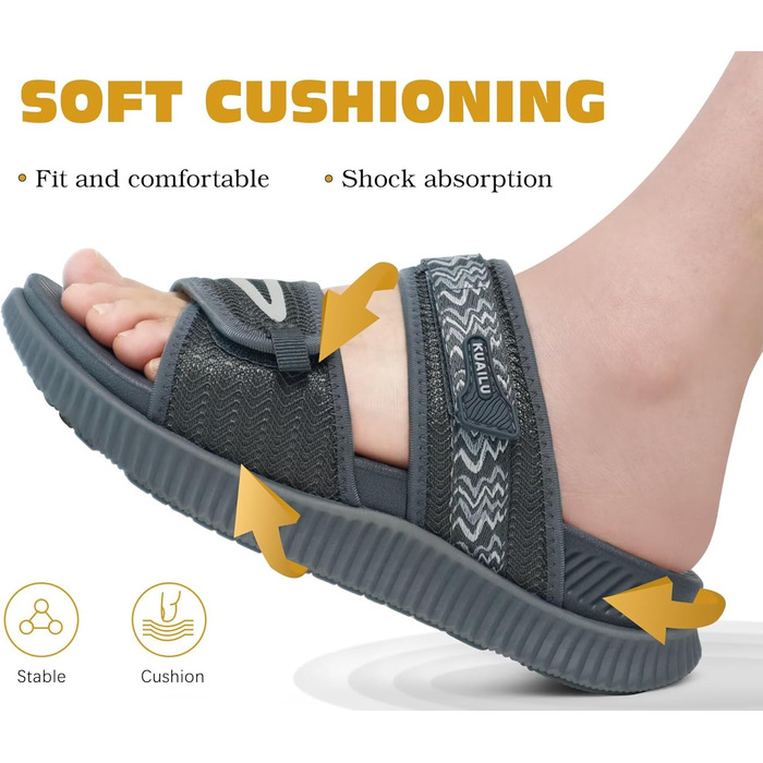 Спортивні сандалі KuaiLu жіночі з м'якою устілкою, ортопедичні для підтримки підошви, літні відкриті босоніжки для активного відпочинку та прогулянок (Сірі, 39 EU)