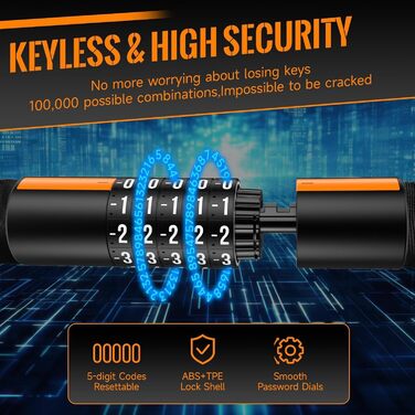 Надійне велозамок HiiPeak з 5-цифровим кодом, 94см/7мм, для велосипеда, мотоцикла, грилю (жовтий)