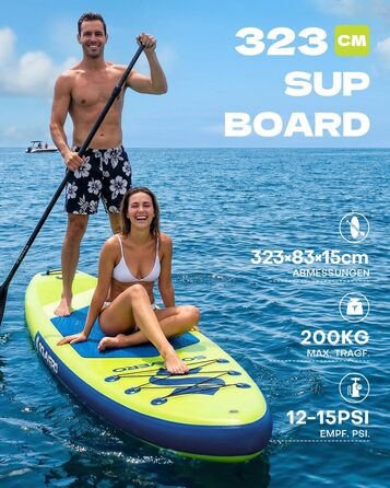 SUP дошка Solavero надувна з веслом та аксесуарами, 323x83x15 см, до 200 кг, блакитно-зелена, для початківців та сім'ї