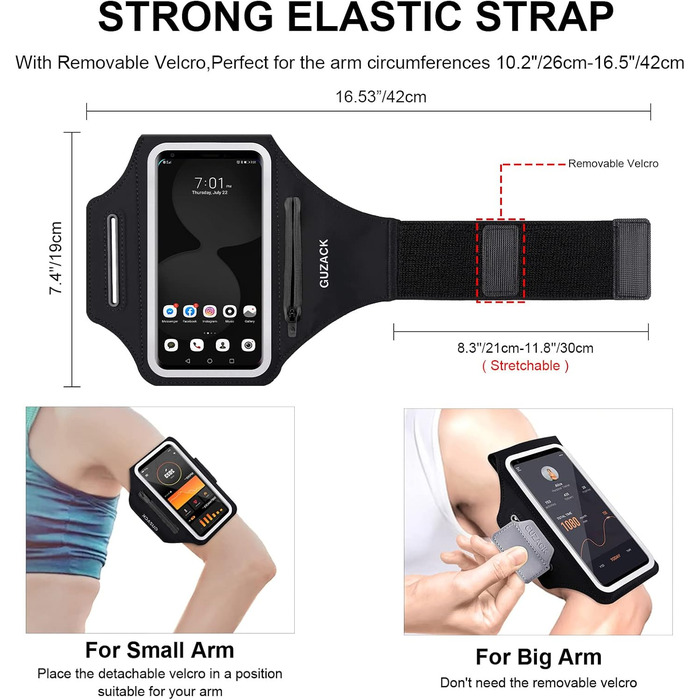 Спортивний браслет для телефону Universal, фіксатор для бігу з навушниками, кишеня для iPhone 16 Pro Max/15 Pro/14 Pro/13/12/11, чорний, на блискавці