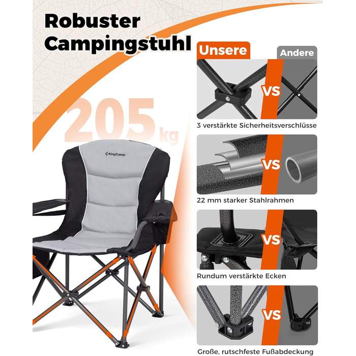 Крісло для кемпінгу KingCamp XXL, 205 кг, чорне, з регульованою спинкою, підсклянник та кишеня для напоїв