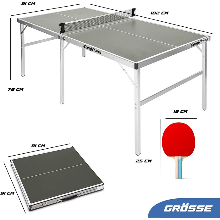Стіл для настільного тенісу EasyPong OriginalCup, 182x91 см, сірий, преміум-якість, для вулиці та приміщення, з ракетками та м'ячами, легкий, стійкий
