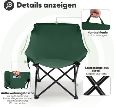 Зручний складаний стілець для кемпінгу з сумкою та нековзними ніжками. Ідеально підходить для риболовлі, відпочинку на пляжі, пікніків, саду та балкону. Колір: темно-зелений