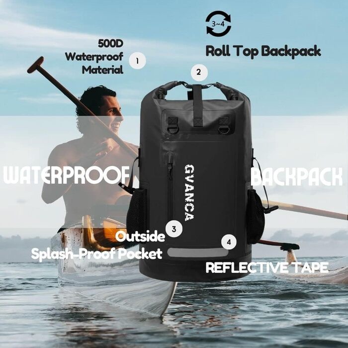 Водонепроникний рюкзак GVANCA Dry Bag 35 л (Чорний) для каякінгу, SUP, водних видів спорту
