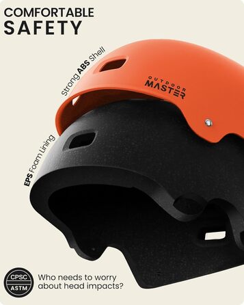 Шолом для скейтборду та велосипеда OutdoorMaster, мультиспорт, з двома змінними підкладками, вентиляцією, для дітей, підлітків і дорослих, помаранчевий, розмір L