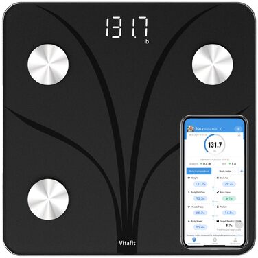 Розумні електронні ваги Vitafit з Bluetooth та APP: аналізатор складу тіла (жир, BMI, м'язова маса), до 182 кг, чорні, 28 x 28 см
