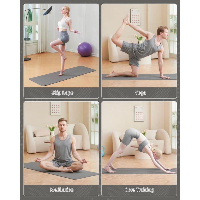 Килимок для гімнастики, йоги та фітнесу. Спортивний килимок для тренувань, пілатесу, з ручкою для перенесення, 183 x 61 x 0.6 см, сірий