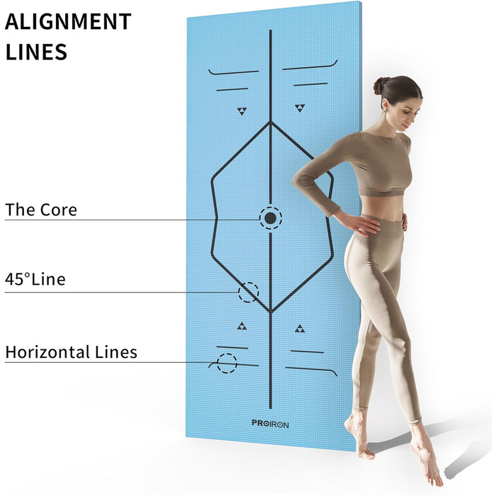 Йога мат PROIRON, неслизька, з розміткою, для йоги, фітнесу та спорту, блакитна