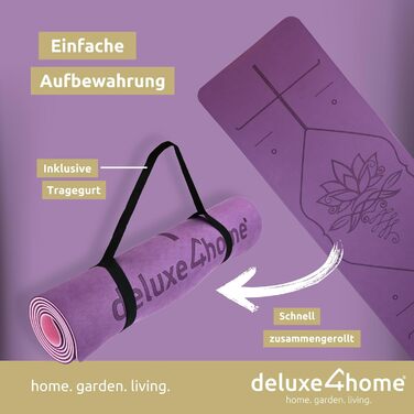 Двосторонній килимок для йоги та фітнесу deluxe4home, нековзний, з лініями вирівнювання, з ременем для перенесення, фіолетовий, для йоги, пілатесу та тренувань