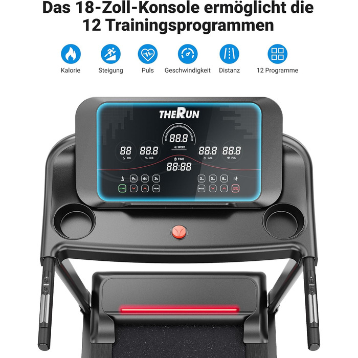 Біговий тренажер THERUN для дому та офісу, 14 км/год, 3.0 PS, нахил, датчики пульсу, складний, 136 кг, LED-підсвітка