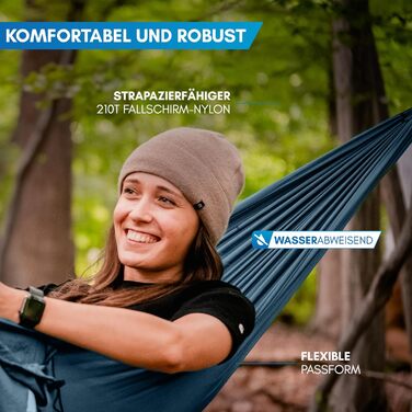 Гамак NORDMUT® Ultraleicht Outdoor з комплектом кріплень. Гамак для кемпінгу, відпочинку на природі та в саду. Максимальне навантаження 300 кг. Зелений (140x275 см, Синій)