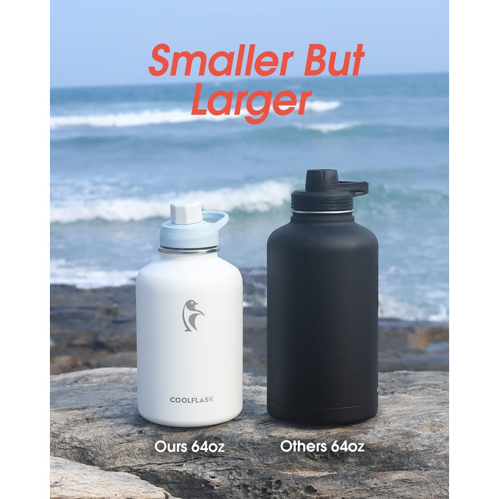 Coolflask пляшка для води 2 л з нержавіючої сталі з PU-чохлом, термос з металу із кришкою зі соломинкою, тримає холод 48 годин, гаряче 24 години, небесно-блакитна