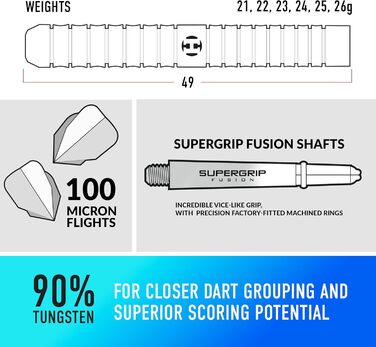 Дротики Harrows Pulse 90% вольфрамові, сталеві, з чохлом, 21-26 г, Supergrip Fusion, 100 мікрон