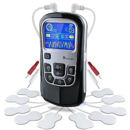 Пристрій TENS для терапії болю, EMS, 2 канали, 25 режимів, 50 рівнів інтенсивності, 10 електродів (чорний)